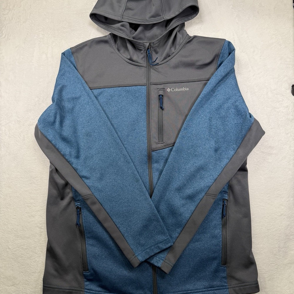 Columbia Men's Full Zip Hooded Fleece Jacket Medium Blue/Gray Colorblock Pockets